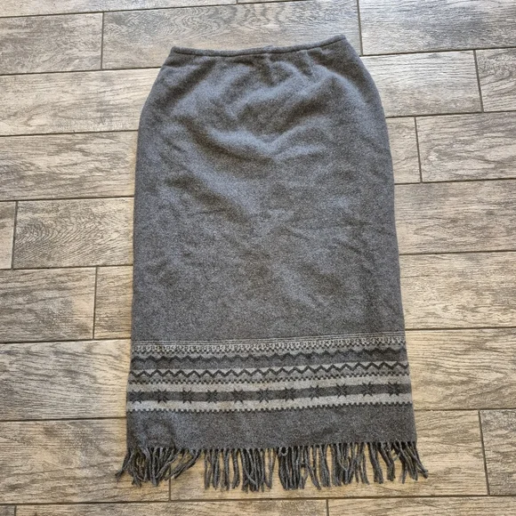 Talbots Vintage Wool Blend Fringe Skirt Fair Isle Nordic Gray Midi Size 14 - Picture 1 of 6